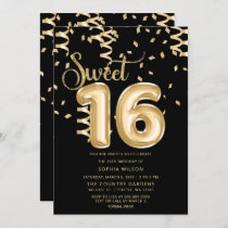 Black Gold Foil Balloon Sweet 16 Birthday Invitation
