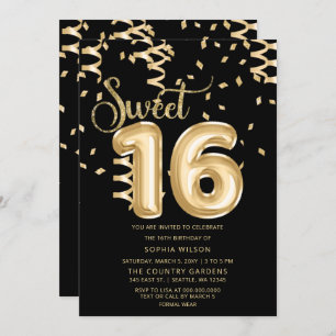 Black Gold Foil Balloon Sweet 16 Birthday Invitation