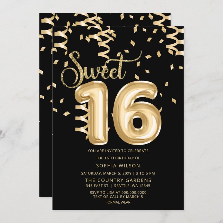 Black Gold Foil Balloon Sweet 16 Birthday Invitation | Zazzle