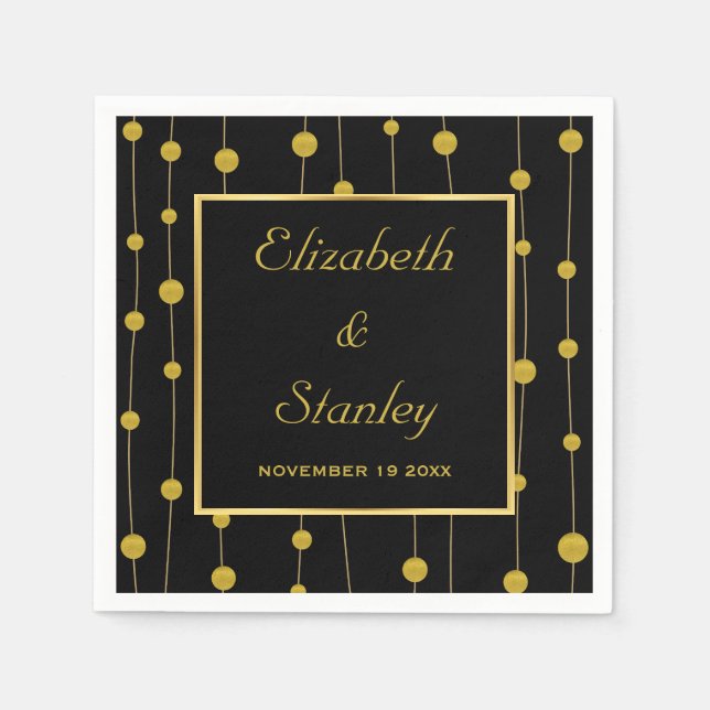 Black, gold foil beads and frame modern wedding paper napkins (Front)