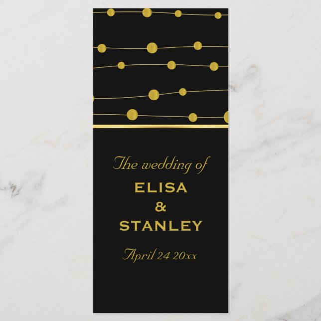 Black, gold foil beads modern wedding program (Front)
