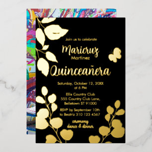 Black Gold Foil Botanical Quinceañera Invitation