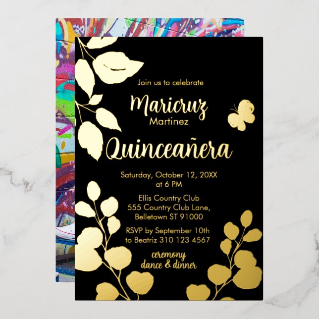 Black Gold Foil Botanical Quinceañera Invitation (Front/Back)