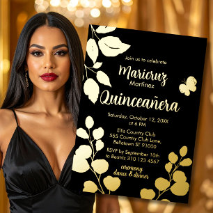Black Gold Foil Botanical Quinceañera Invitation