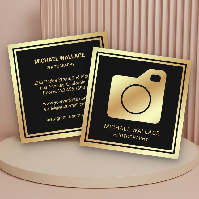 Black Gold Foil Camera Professional Photographer Square Business Card (Creator Uploaded)
