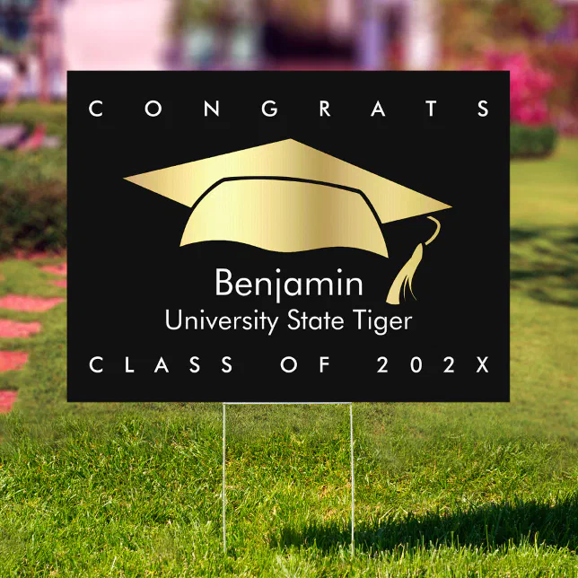 Black Gold Foil Cap Congrats Bold Graduation Yard Sign | Zazzle