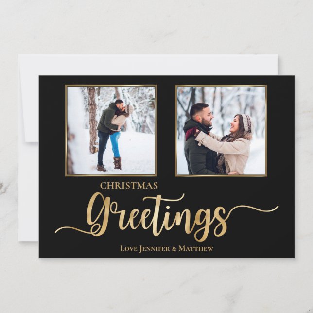 Black & Gold Foil Christmas Greetings 2 Photo Card (Front)