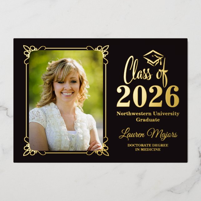 Black Gold FOIL Class of 2026 Photo Graduation Invitation (Front)