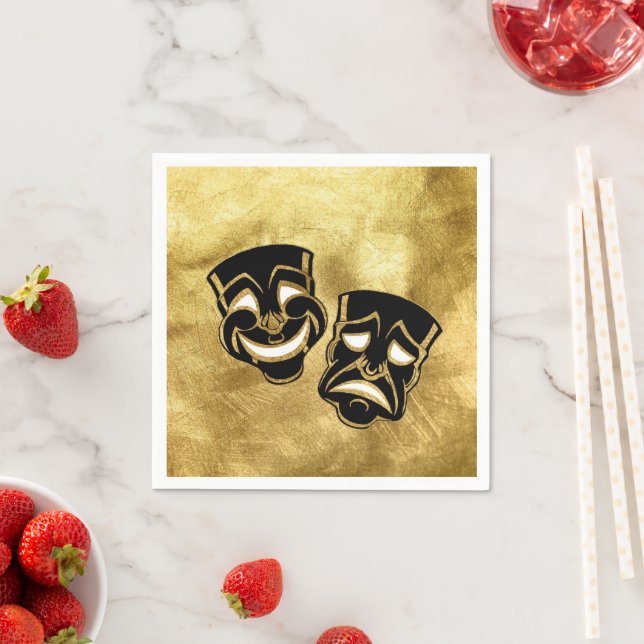 Black Gold Foil Comedy and Tragedy Theater Wedding Napkins (Insitu)