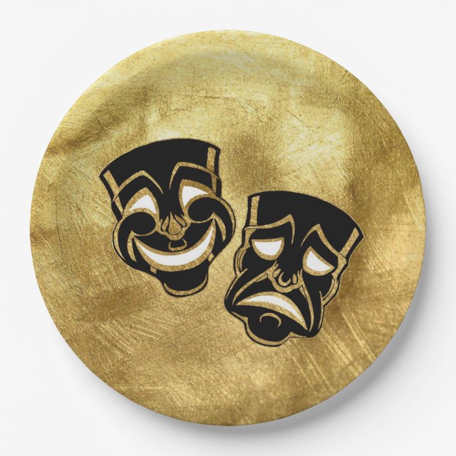 Black Gold Foil Comedy and Tragedy Wedding Paper Plates (Front)