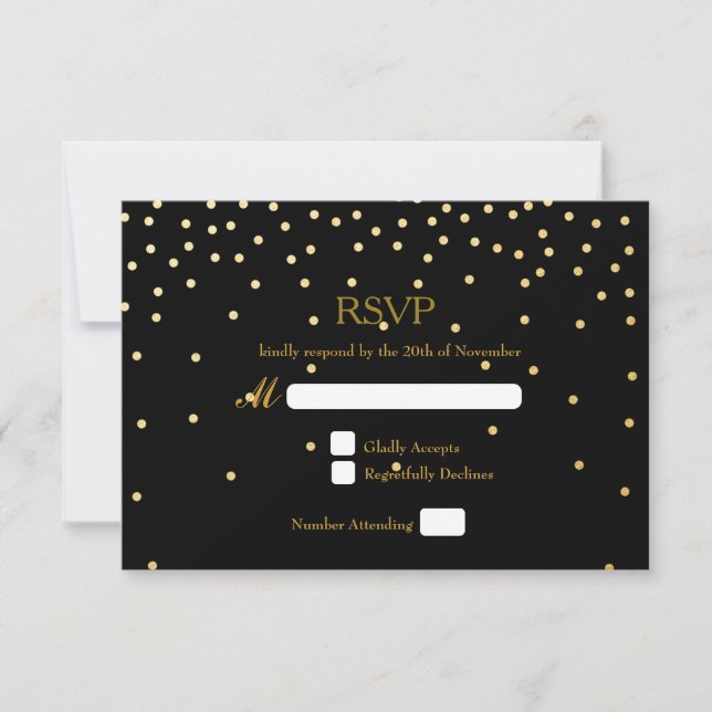 Black & Gold Foil Confetti Dots Wedding RSVP Card (Front)