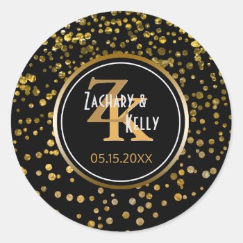 Black Gold Foil Confetti | Monogram Wedding Favor Classic Round Sticker by angela65 at Zazzle