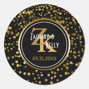 Black Gold Foil Confetti Monogram Wedding Favor Classic Round Sticker