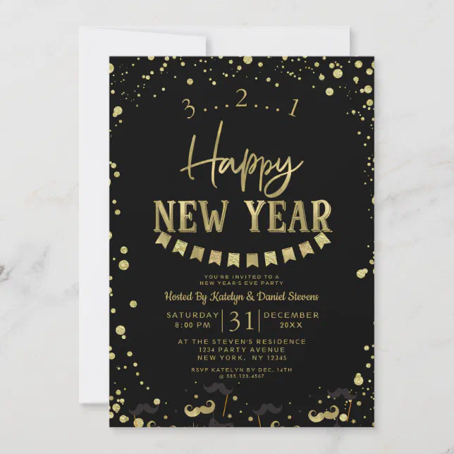 Black & Gold Foil Confetti New Year's Eve Party Holiday Card | Zazzle
