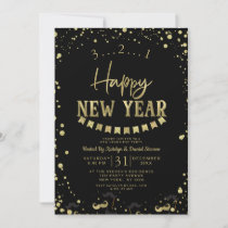 Black & Gold Foil Confetti New Year's Eve Party Holiday Card