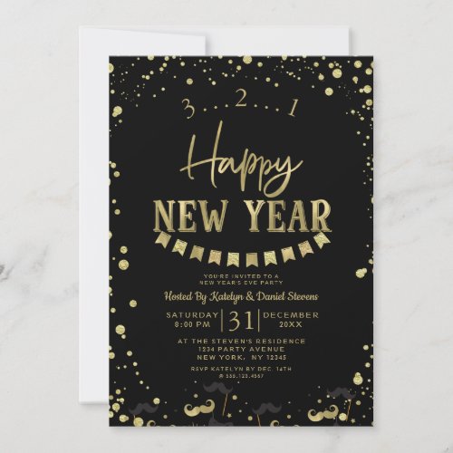 Black  Gold Foil Confetti New Years Eve Party Holiday Card