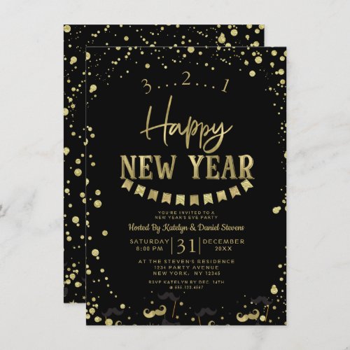 Black  Gold Foil Confetti New Years Eve Party Invitation
