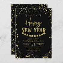 Black & Gold Foil Confetti New Year's Eve Party Invitation