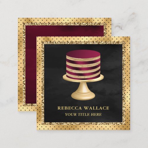 Black Gold Foil Custom Burgundy Cake Bakery Square Business Card