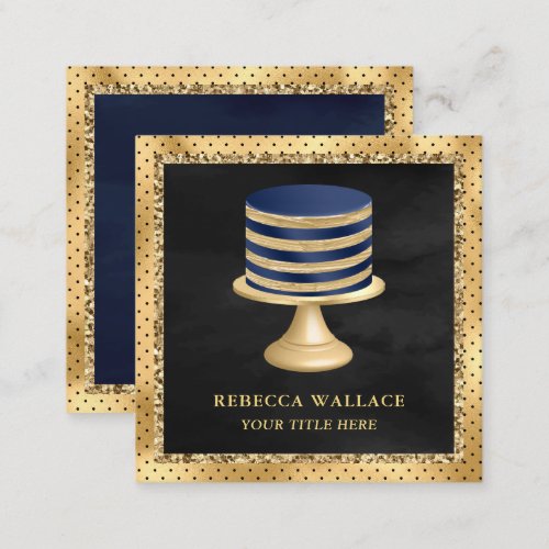 Black Gold Foil Custom Navy Blue Cake Bakery Square Business Card