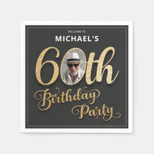 Black Gold Foil Custom Photo 60th Birthday Napkins