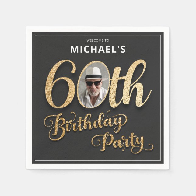 Black Gold Foil Custom Photo 60th Birthday  Napkins (Front)