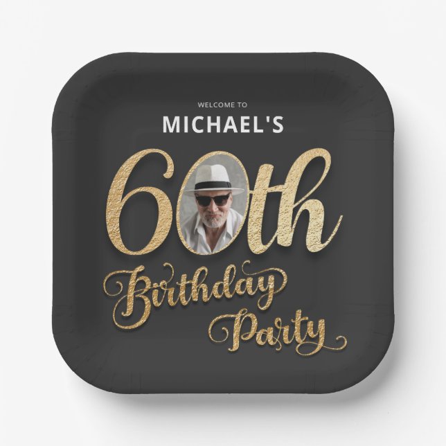 Black Gold Foil Custom Photo 60th Birthday  Paper Plates (Front)