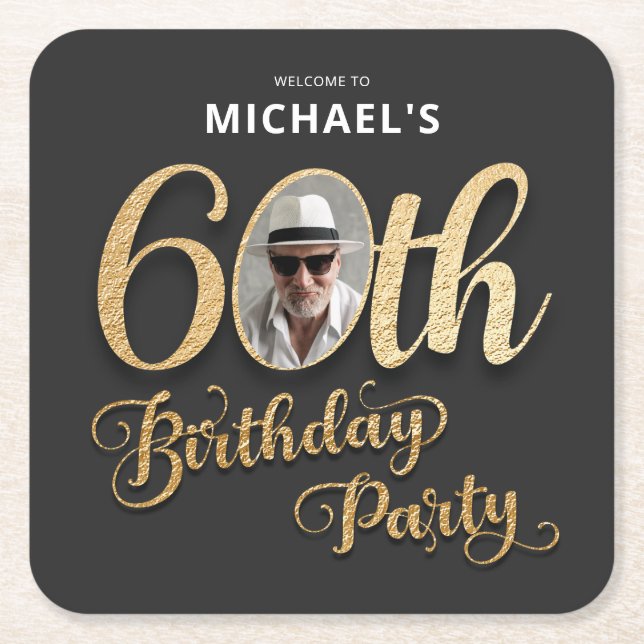 Black Gold Foil Custom Photo 60th Birthday  Square Paper Coaster (Front)