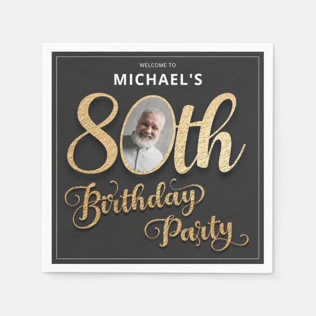 Black Gold Foil Custom Photo 80th Birthday  Napkins (Front)