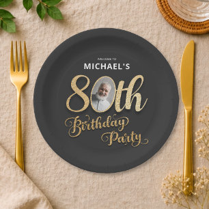 Black Gold Foil Custom Photo 80th Birthday  Paper Plates