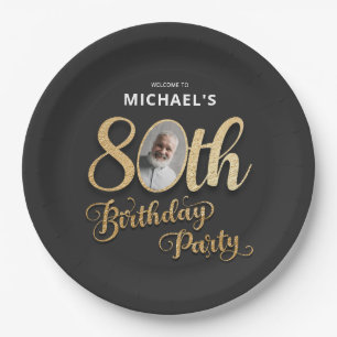 Black Gold Foil Custom Photo 80th Birthday  Paper Plates