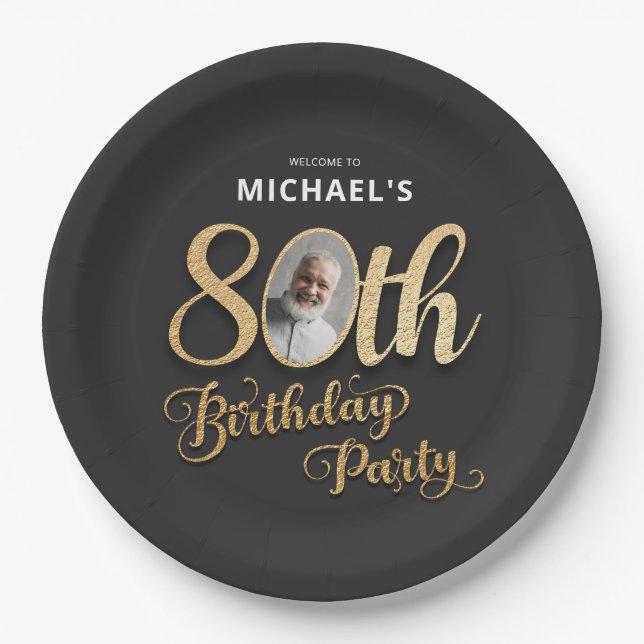 Black Gold Foil Custom Photo 80th Birthday  Paper Plates (Front)