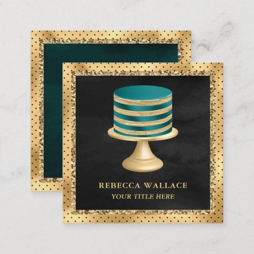 Black Gold Foil Custom Teal Cake Bakery Square Business Card