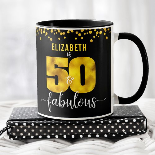 Black gold foil dots 50 and fabulous birthday name mug
