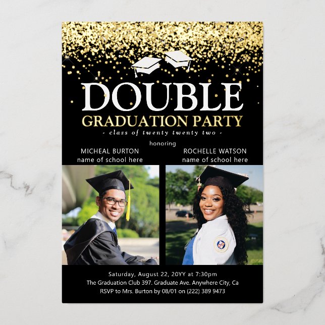 Black & Gold Foil Double Graduation Party Photo Foil Invitation (Front)