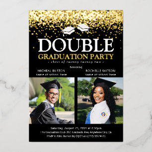 Black & Gold Foil Double Graduation Party Photo Invitation