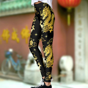Black Gold Foil Dragon Chinese Lunar New Year Bold Leggings
