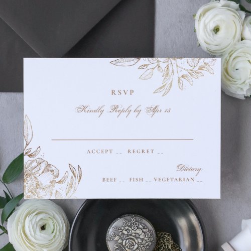 Black Gold Foil Floral Hand Drawn Elegant Wedding RSVP Card