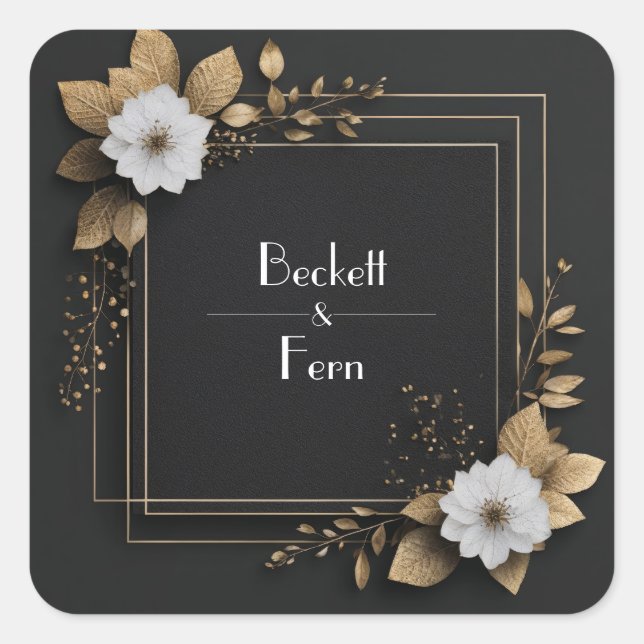 Black Gold Foil Floral Square Geometric Wedding Square Sticker (Front)