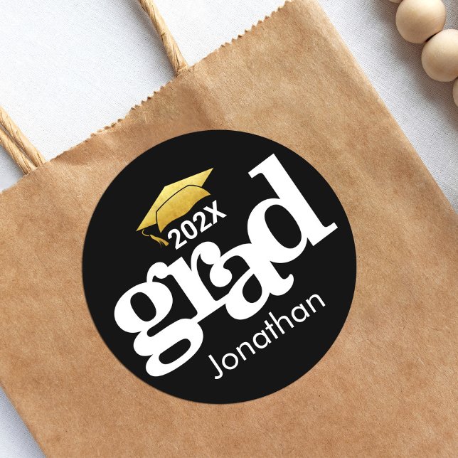 Black Gold Foil Graduation Bold Typography Modern Classic Round Sticker (Creator Uploaded)