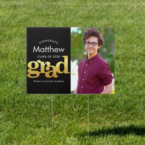 Black gold foil graduation photo bold modern yard sign