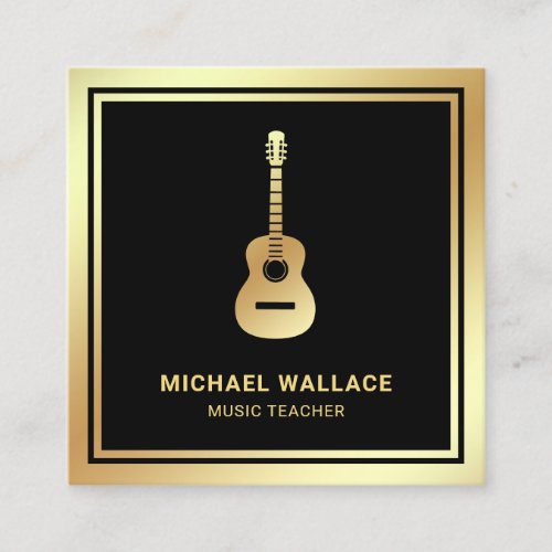 Black Gold Foil Guitar Music Teacher Guitarist Square Business Card
