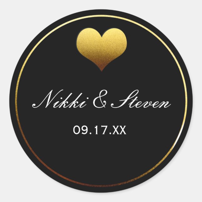 Black & Gold Foil Heart Round Sticker Label Favors (Front)