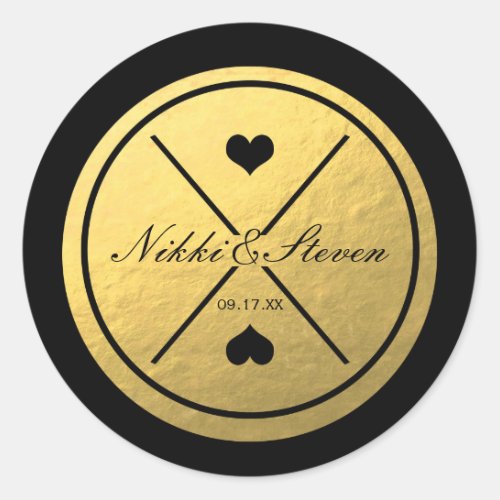 Black  Gold Foil Heart Round Wedding Sticker