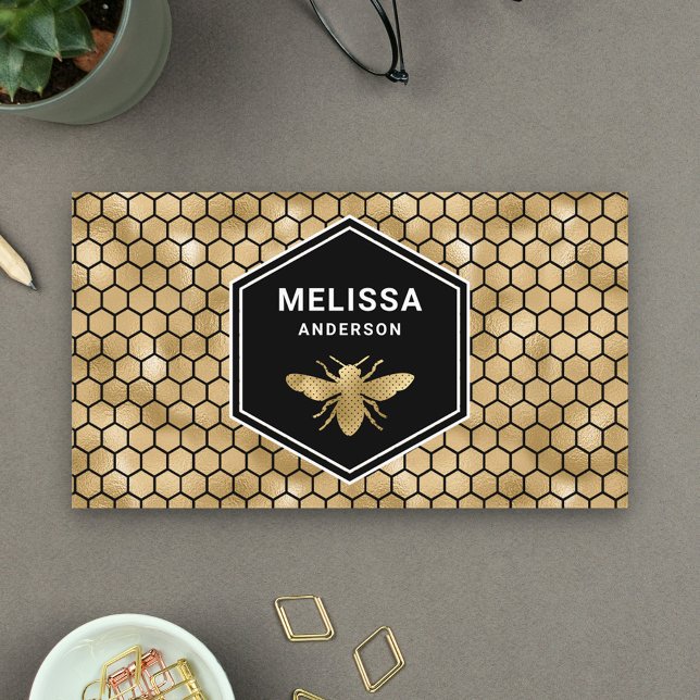 Black Gold Foil Hexagon Honeycomb Honey Bee Business Card (Creator Uploaded)