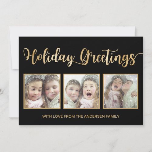 Black  Gold Foil Holiday Greetings 3 Photo Card