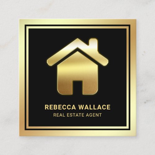 Black Gold Foil Home Logo Real Estate Agent Square Business Card