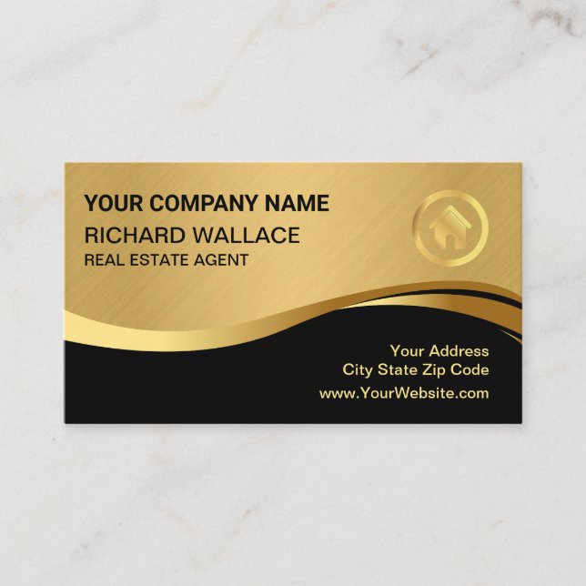 Black Gold Foil Home Logo Real Estate QR Code Business Card (Front)