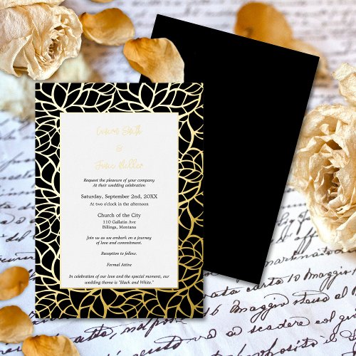 Black Gold Foil Leaves Wedding Invitation Card