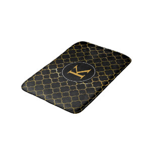 Black Gold Foil Look Moroccan Quatrefoil Monogram Bath Mat